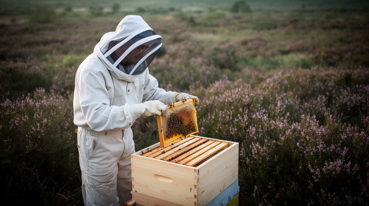Imker prüft am Rand der blühenden Heide eine Wabe aus seinem Bienenkasten