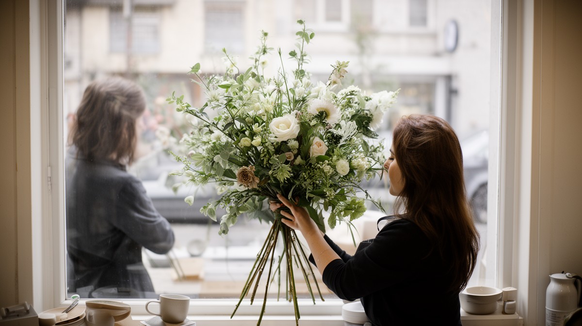 Floristin richtet ein großes Blumenarrangement im Schaufenster aus