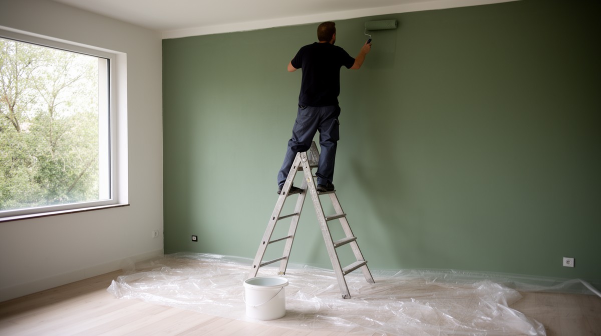 Maler streicht in einem leeren Raum eine Wand in neuem Grünton