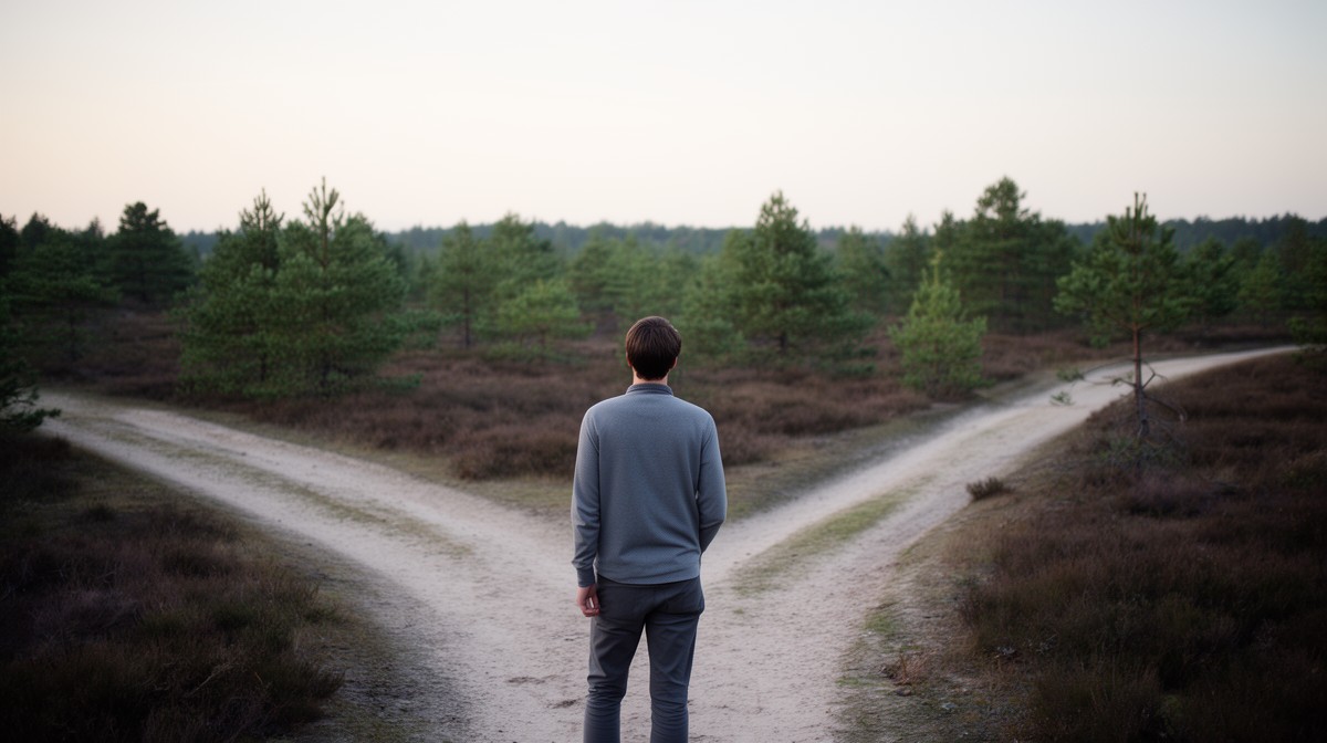 Person steht an einer Weggabelung in der Heide und wägt die Richtung ab